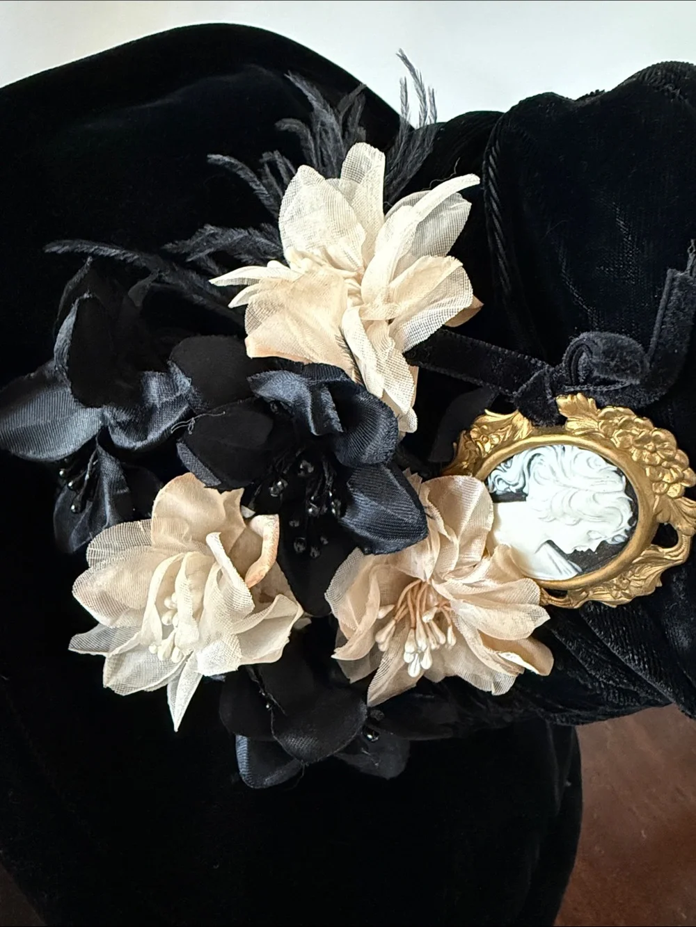 Vintage Hooray Henri Black Velvet Hat with Floral Accents and Gold Cameo